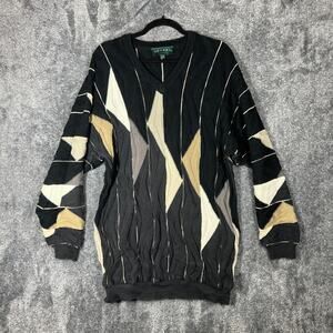 Tundra Sweater Mens XL Black Geometric Mercerized Cotton Knit Pullover Textured